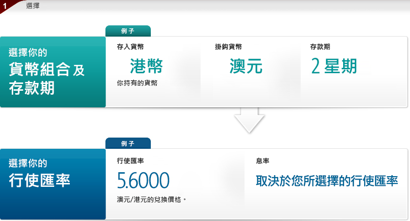 選擇你的貨幣組合及存款期。例如你持有的存入貨幣是港幣，掛鈎貨幣選擇澳元，存款期設為兩星期，再選擇你的行使匯率，即澳元/港元兌換價格。假設行使匯率設為5.6000，其息率將取決於其行使匯率。
